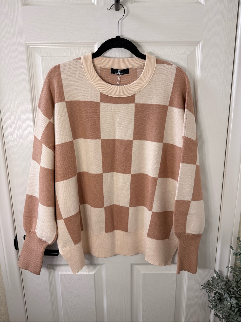 Checkerboard Crewneck Sweater in Beige and Tan NWT